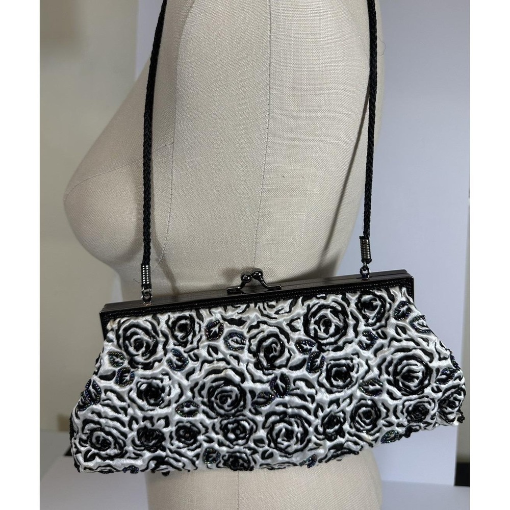 Lancome Black White Beaded Roses Evening Handbag Vtg Kiss-Lock Clutch